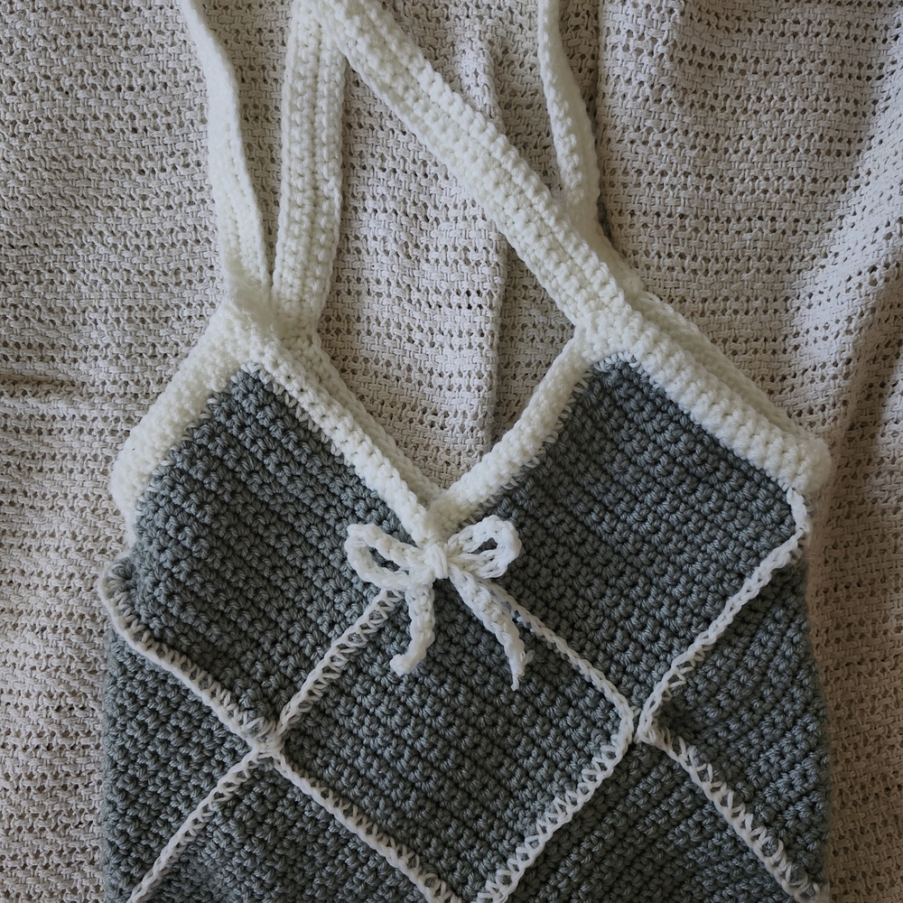 Handmade Chrochet Tote Bag in Seafoam Green and White